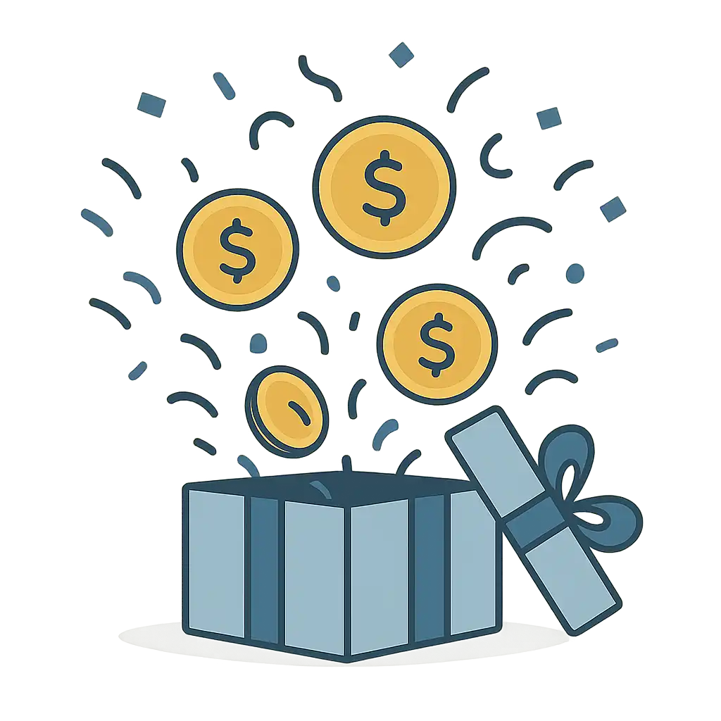 Illustration of a bonus gift box bursting with coins