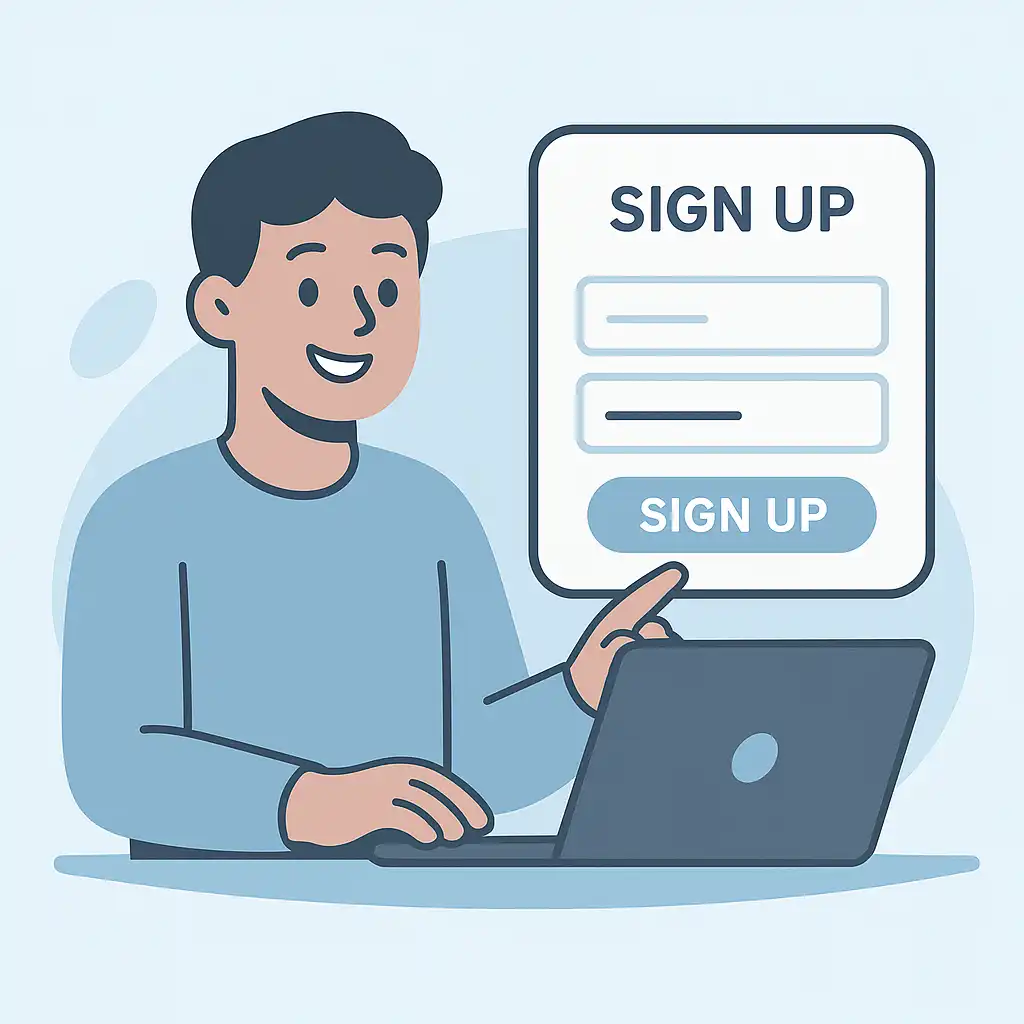 Illustration of a player signing up on a laptop